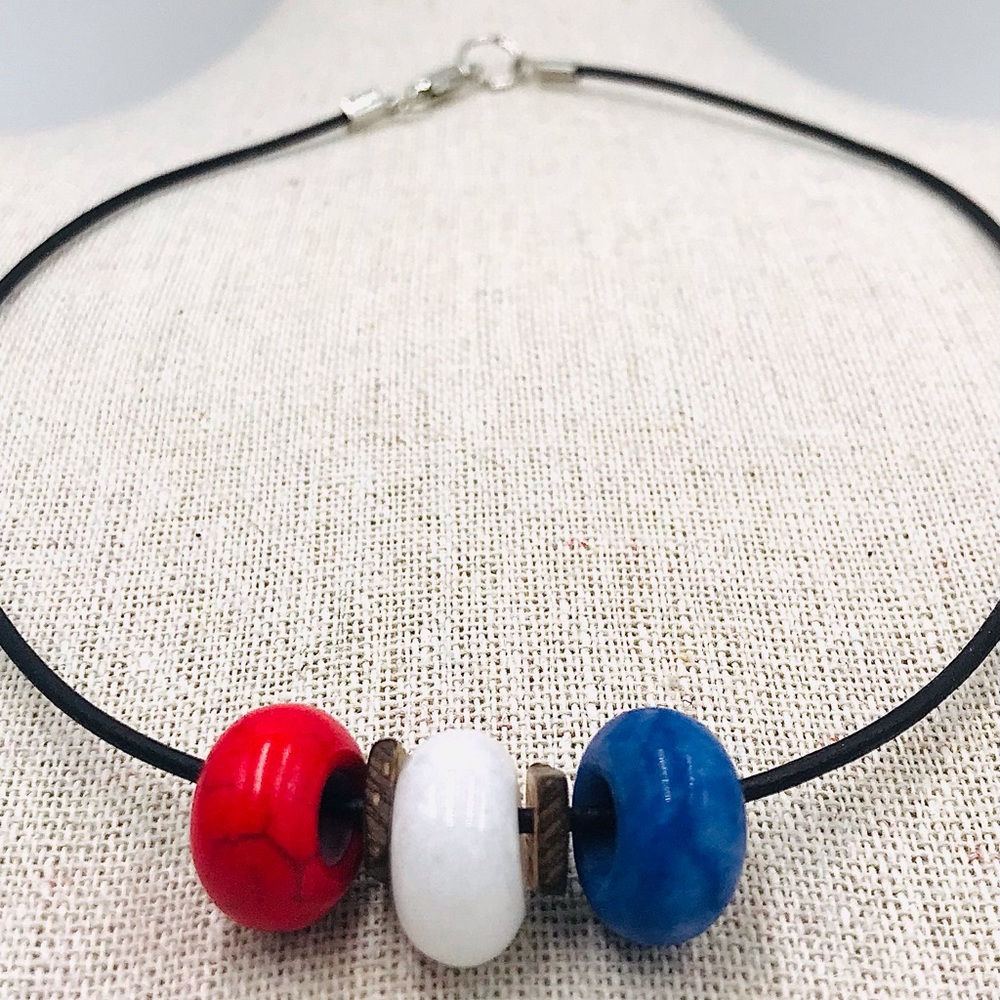 Red White Blue Bead Leather Cord Necklace